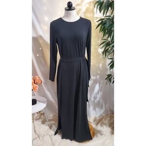 Garnet Hill Linden Knit Column Maxi Slit Dress Womens Size M Black Tie Waist Eco